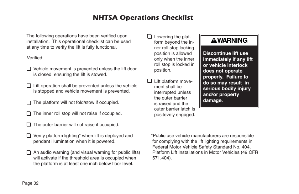 Nhtsa operations checklist warning | Braun NL Series User Manual | Page 34 / 53