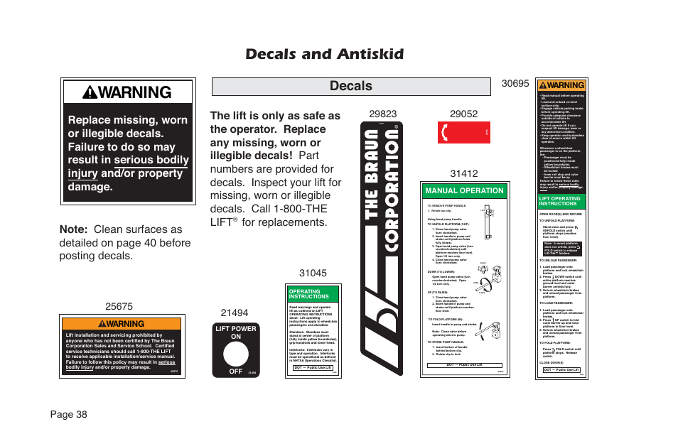 Decals and antiskid, Decals, For replacements | Page 38, Warning, Manual operation, Lift power on off | Braun NL Series User Manual | Page 40 / 53
