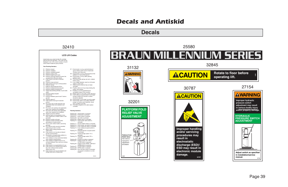 Caution, Decals and antiskid, Decals | Page 39, Rotate to floor before operating lift, Platform fold relief valve adjustment, Warning | Braun NL Series User Manual | Page 41 / 53