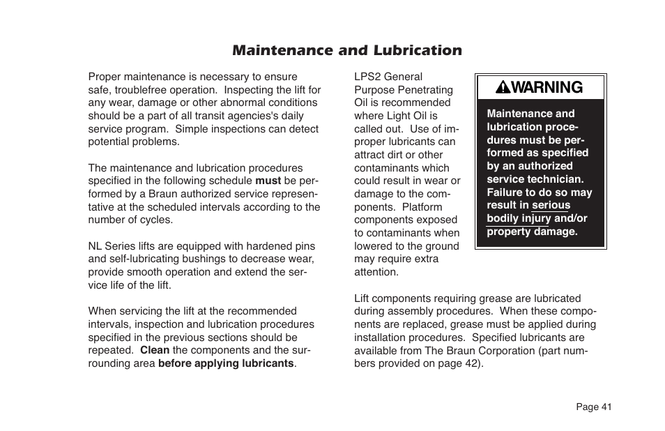 Warning, Maintenance and lubrication | Braun NL Series User Manual | Page 43 / 53