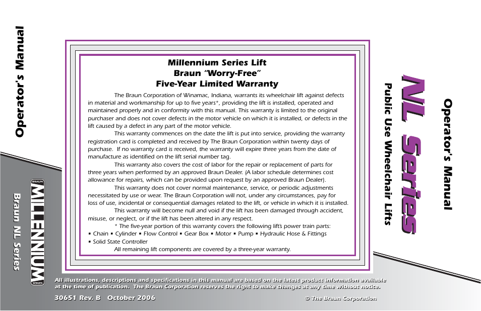 Operator's manual, Public use wheelchair lifts, Braun nl series | Braun NL Series User Manual | Page 53 / 53