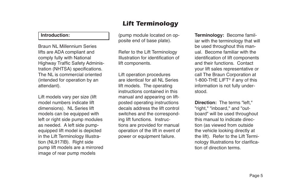 Lift terminology | Braun NL Series User Manual | Page 7 / 53