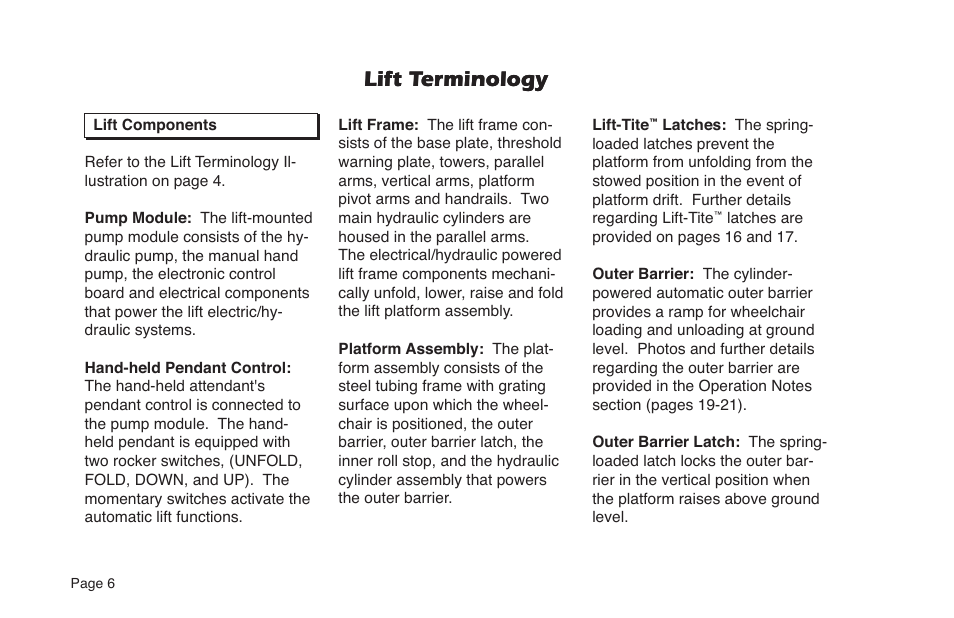 Lift terminology | Braun NL Series User Manual | Page 8 / 53