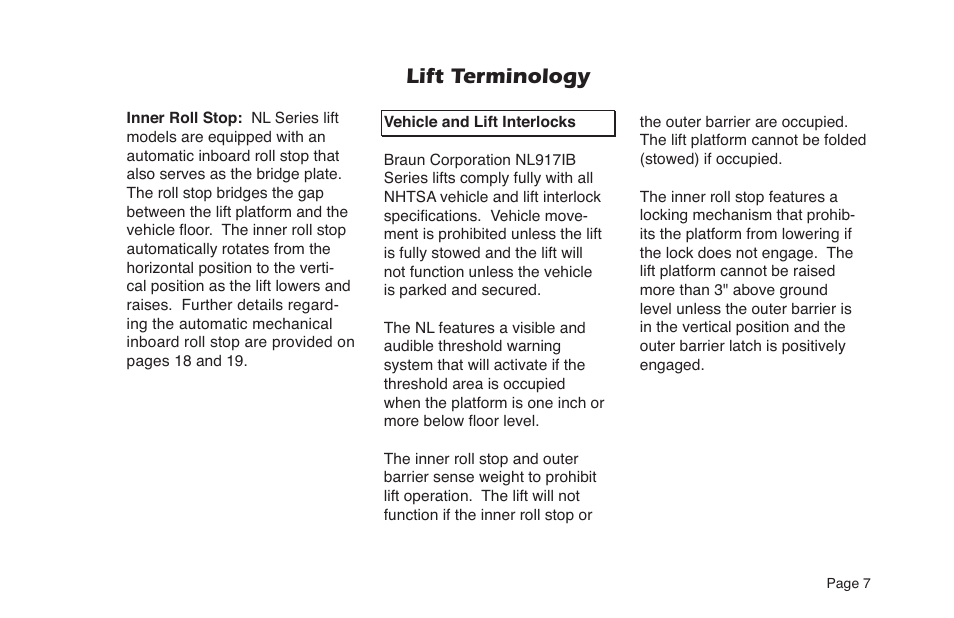 Lift terminology | Braun NL Series User Manual | Page 9 / 53