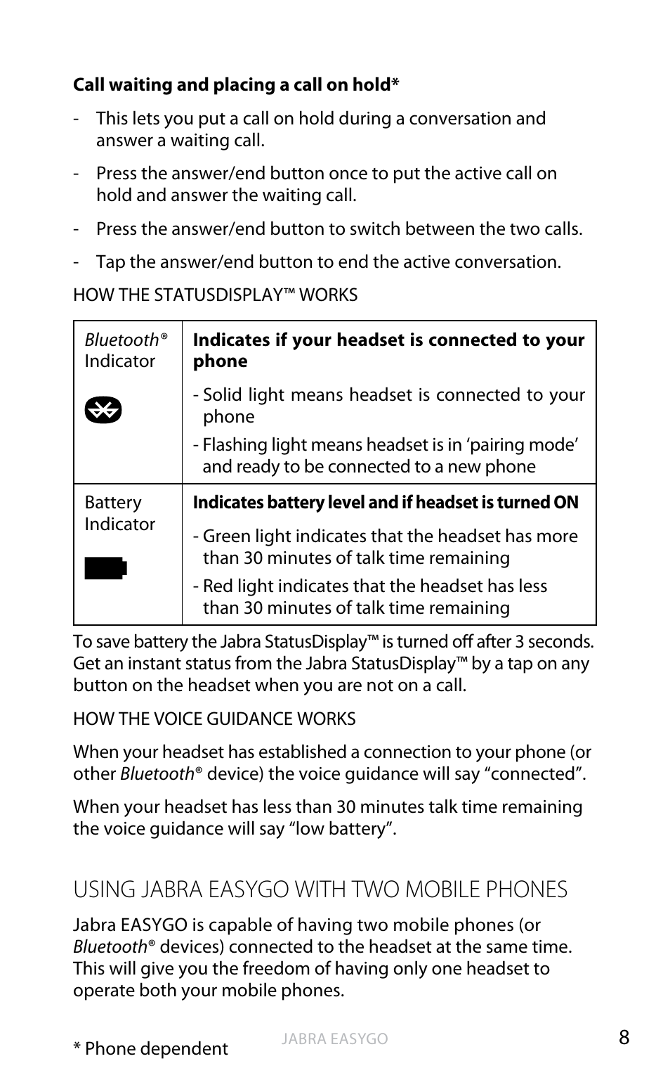 Using jabra easygo with two mobile phones, En g li sh | Jabra EASYGO User Manual | Page 10 / 48