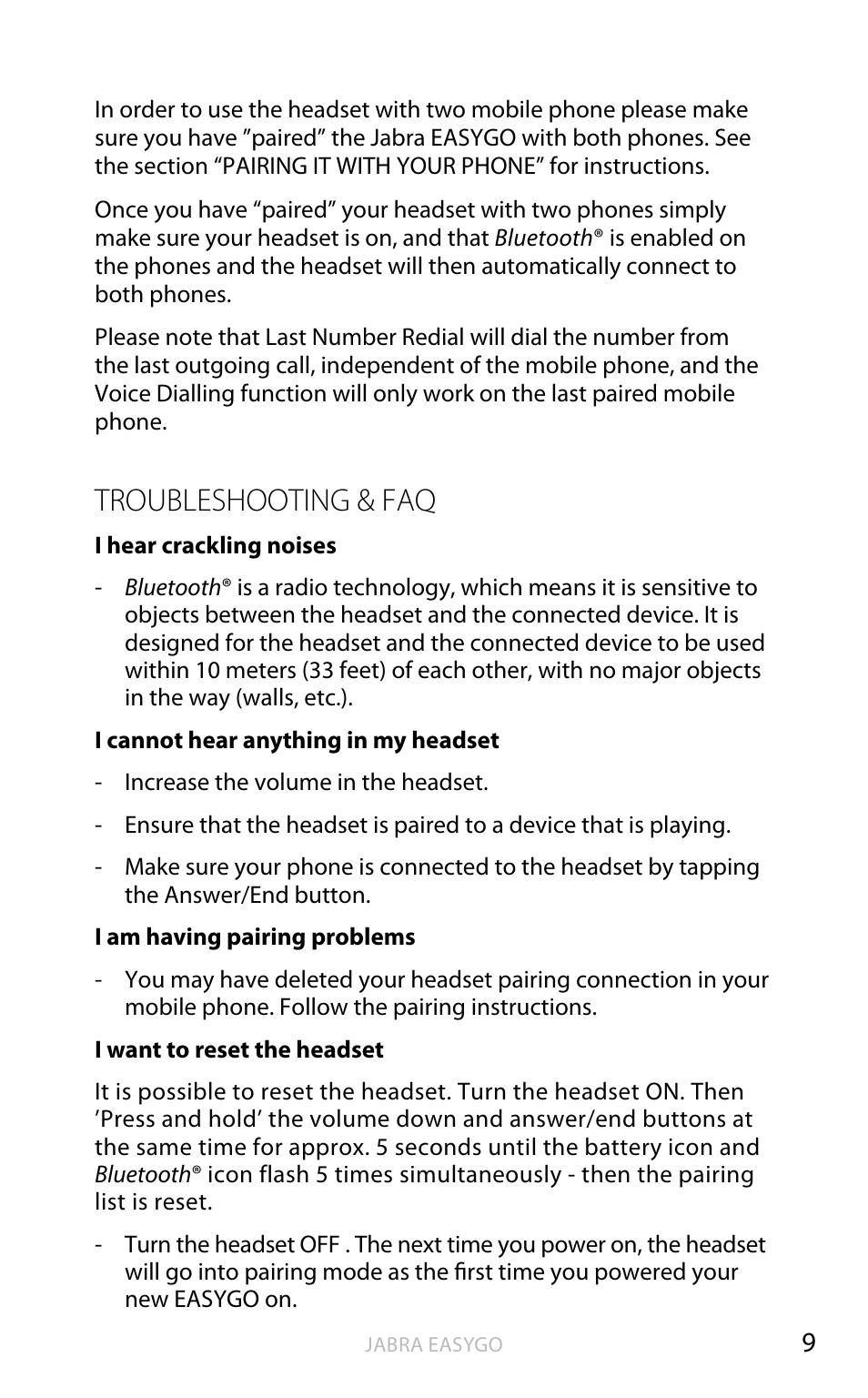 Troubleshooting & faq, En g li sh | Jabra EASYGO User Manual | Page 11 / 48