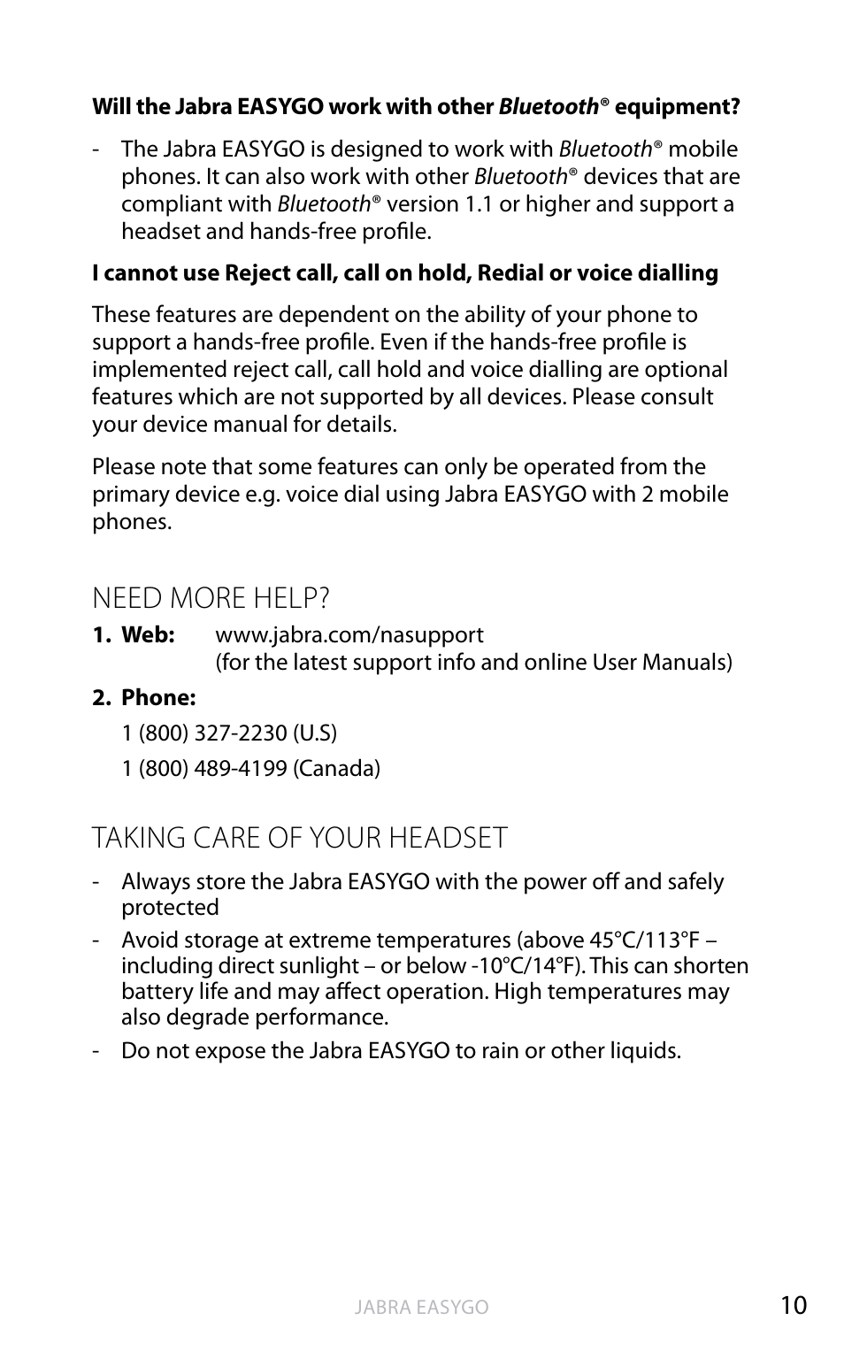 Need more help, Taking care of your headset, En g li sh | Jabra EASYGO User Manual | Page 12 / 48