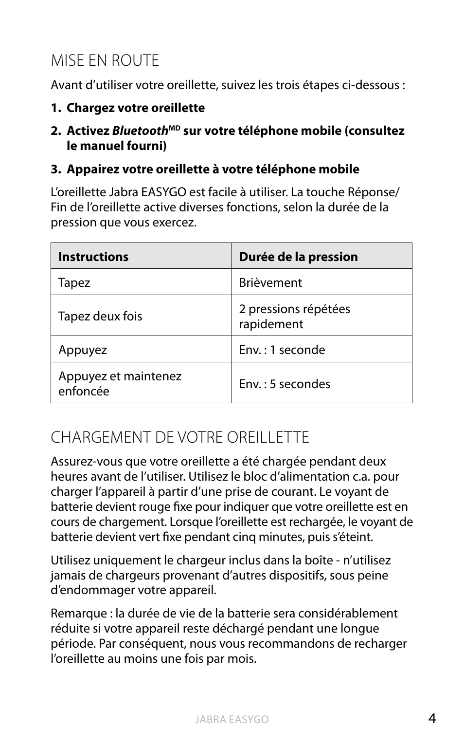 Mise en route, Chargement de votre oreillette, An g la is | Jabra EASYGO User Manual | Page 17 / 48