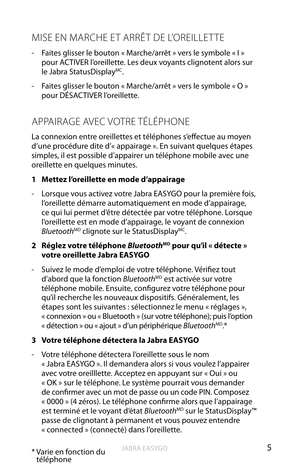 Mise en marche et arrêt de l’oreillette, Appairage avec votre téléphone, An g la is | Jabra EASYGO User Manual | Page 18 / 48