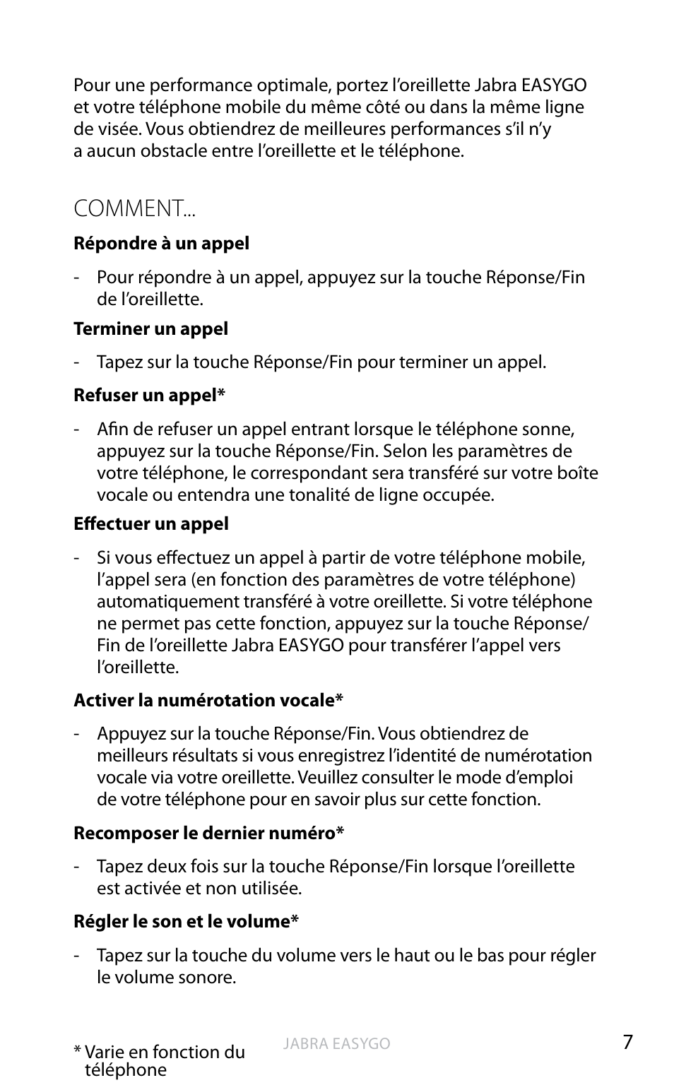 Comment, An g la is | Jabra EASYGO User Manual | Page 20 / 48