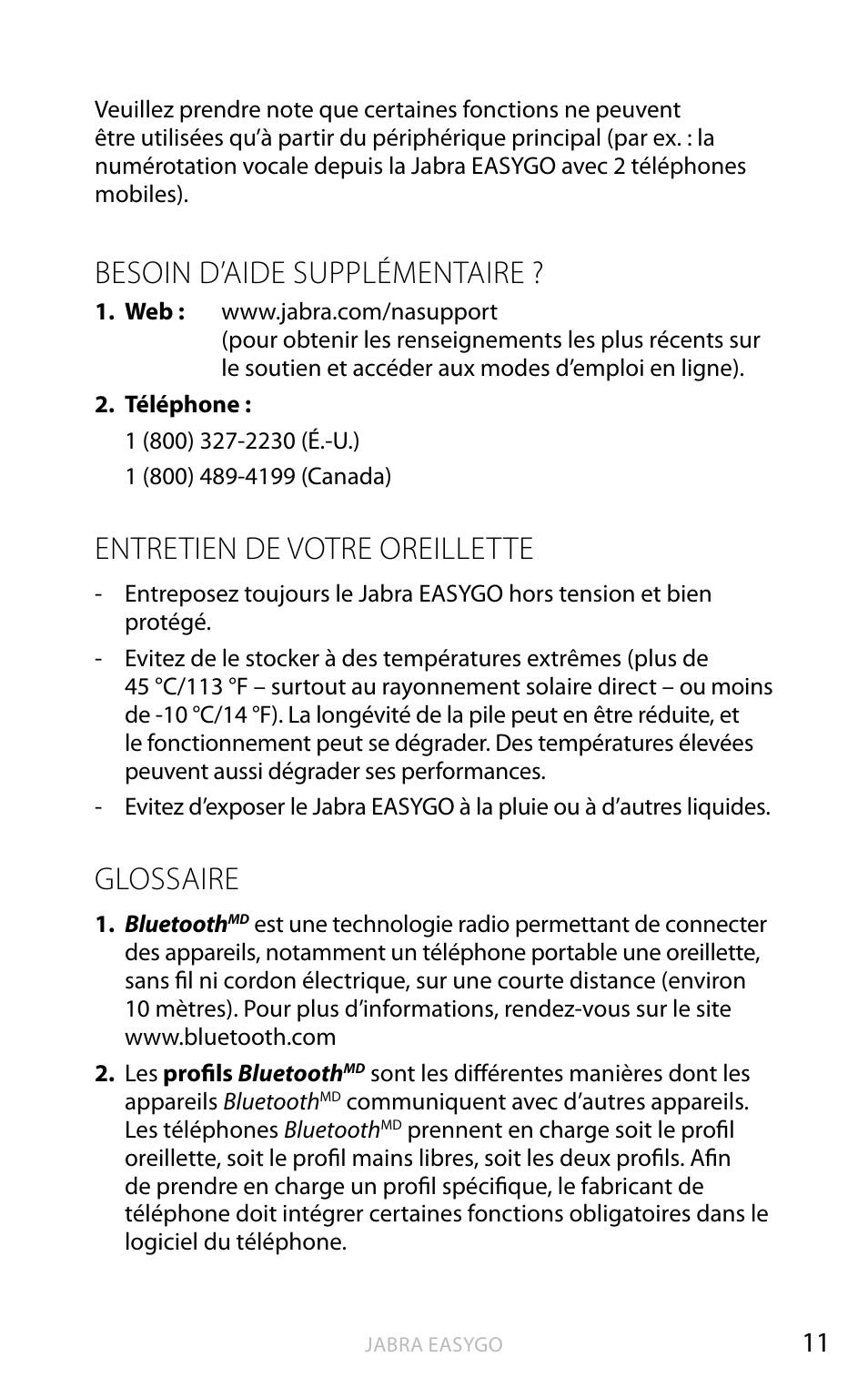 Besoin d’aide supplémentaire, Entretien de votre oreillette, Glossaire | An g la is | Jabra EASYGO User Manual | Page 24 / 48