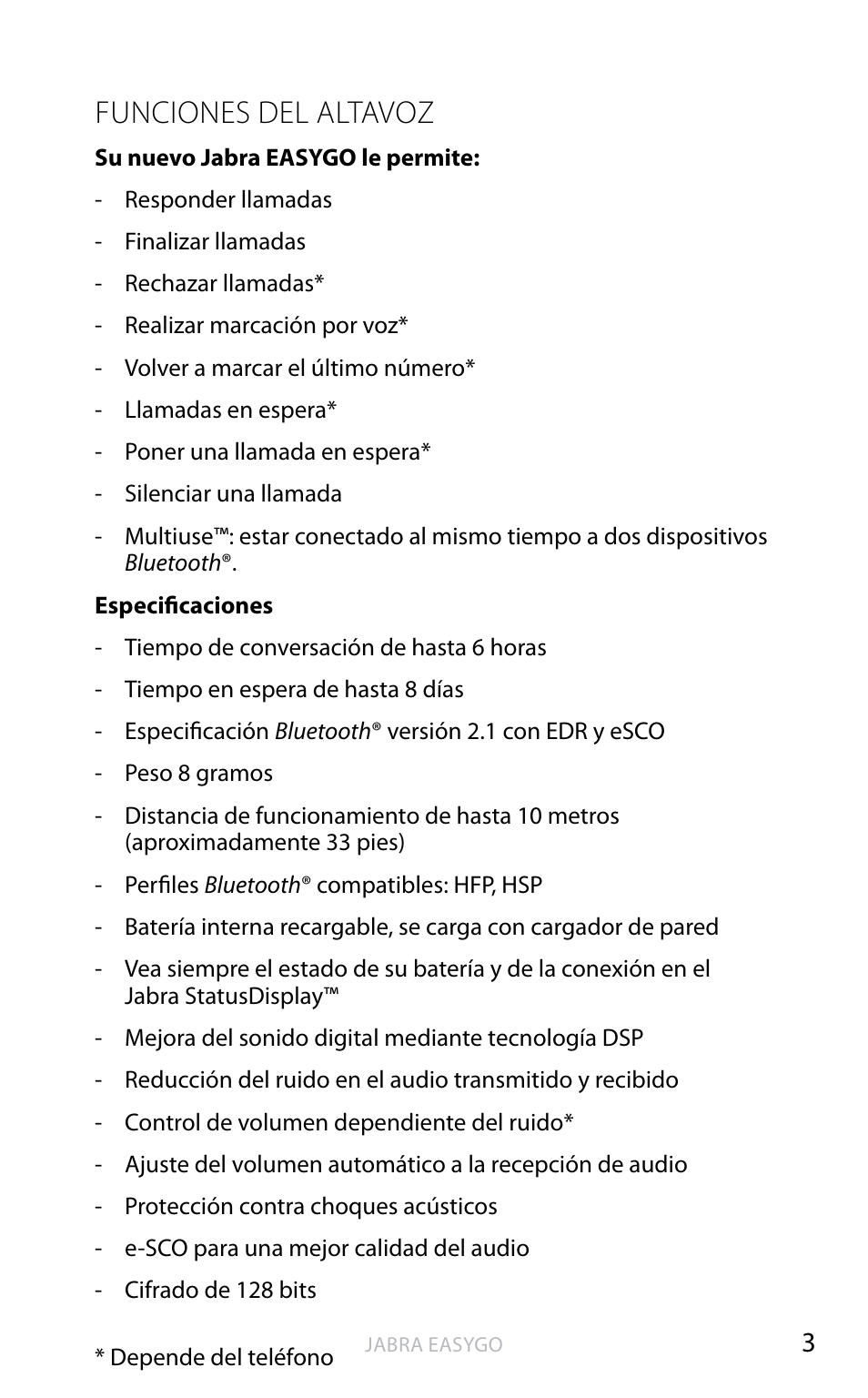 Funciones del altavoz | Jabra EASYGO User Manual | Page 28 / 48