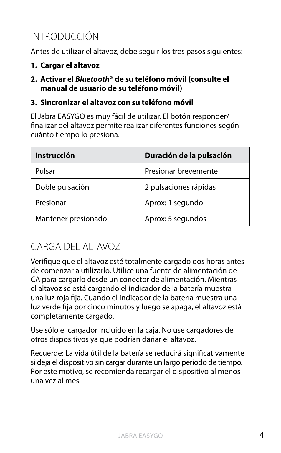Introducción, Carga del altavoz | Jabra EASYGO User Manual | Page 29 / 48