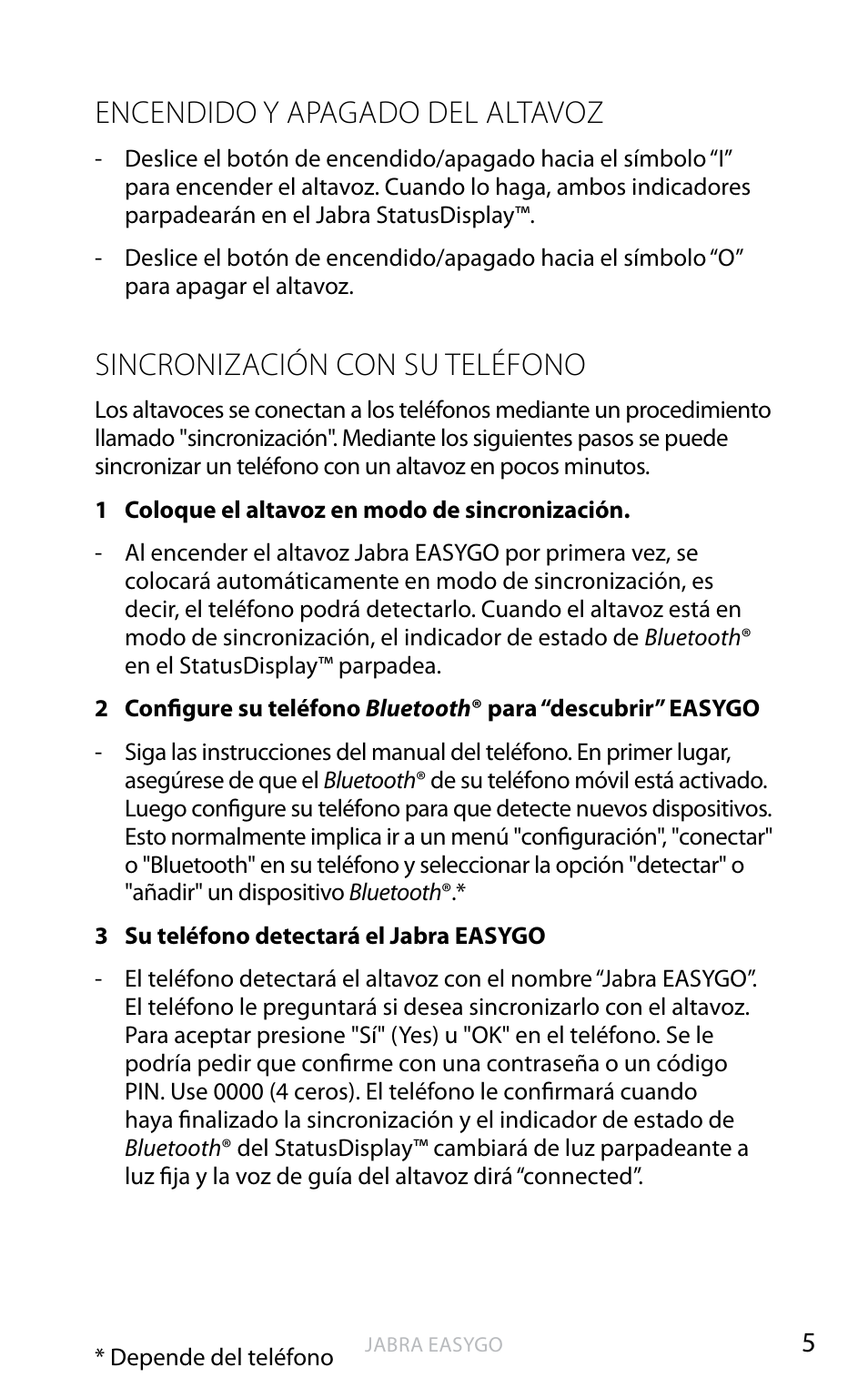 Encendido y apagado del altavoz, Sincronización con su teléfono | Jabra EASYGO User Manual | Page 30 / 48
