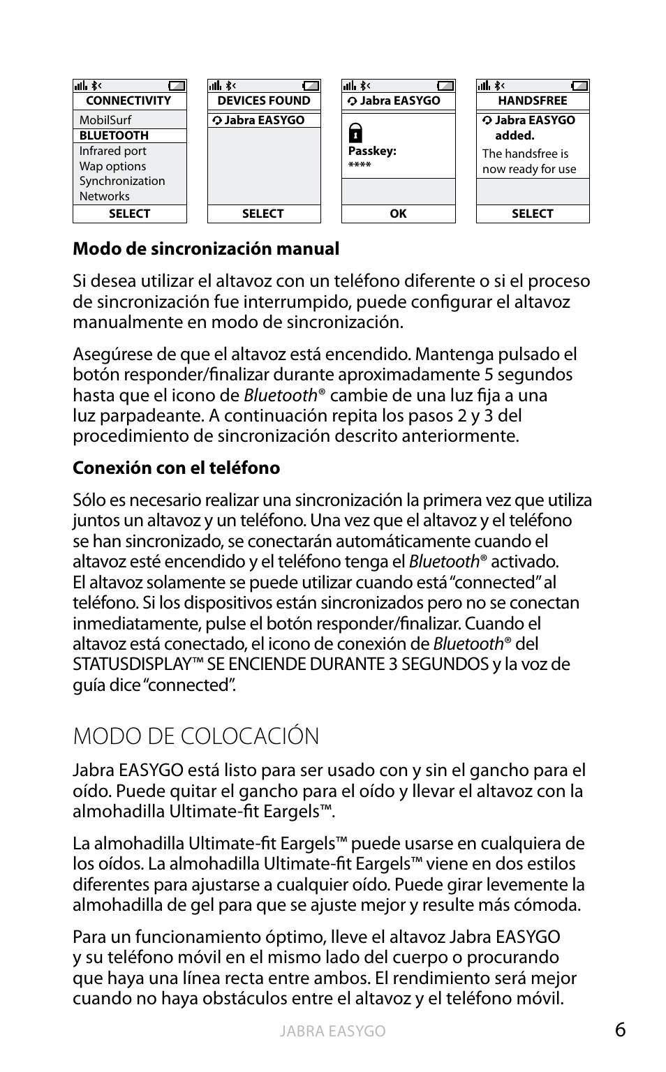 Modo de colocación | Jabra EASYGO User Manual | Page 31 / 48