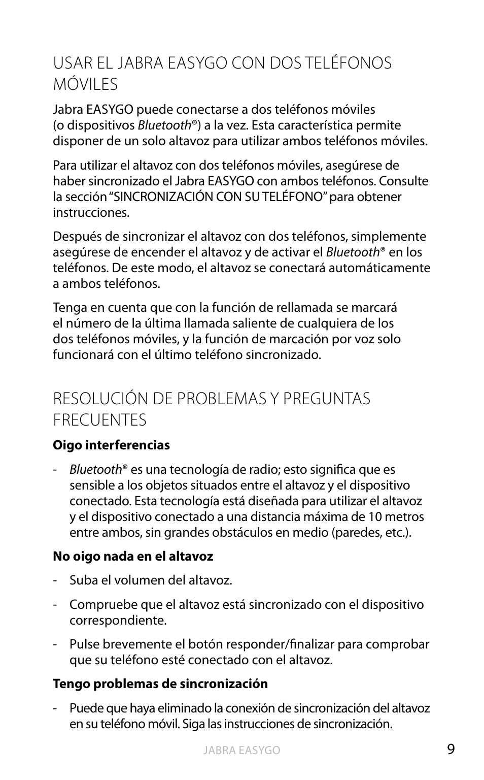 Usar el jabra easygo con dos teléfonos móviles, Resolución de problemas y preguntas frecuentes | Jabra EASYGO User Manual | Page 34 / 48