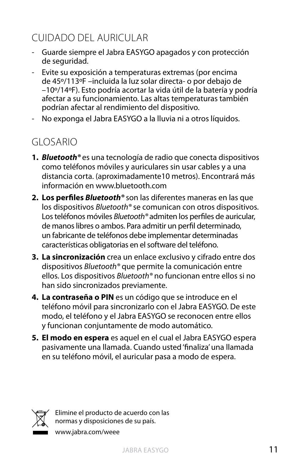 Cuidado del auricular, Glosario | Jabra EASYGO User Manual | Page 36 / 48