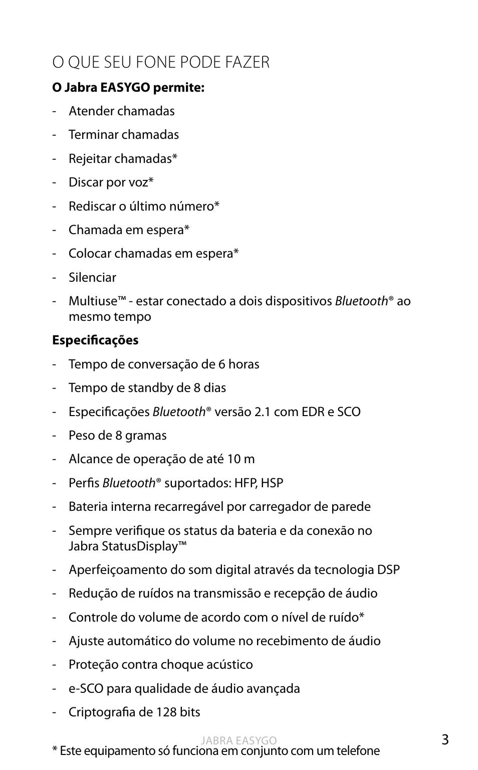 O que seu fone pode fazer | Jabra EASYGO User Manual | Page 39 / 48