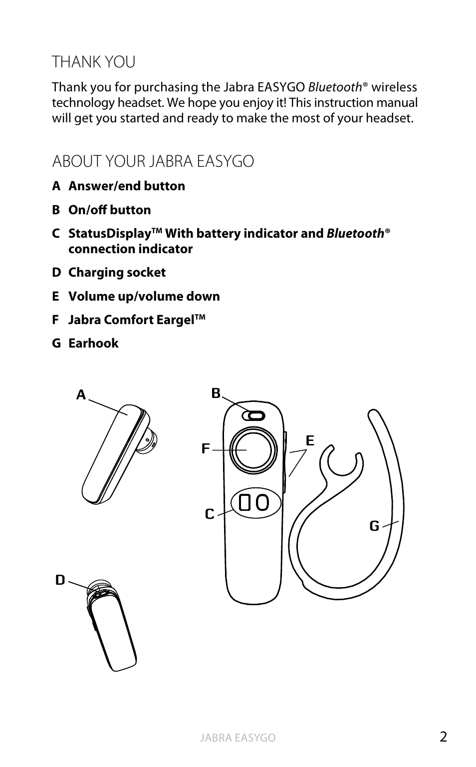 Thank you, About your jabra easygo, En g li sh | Jabra EASYGO User Manual | Page 4 / 48