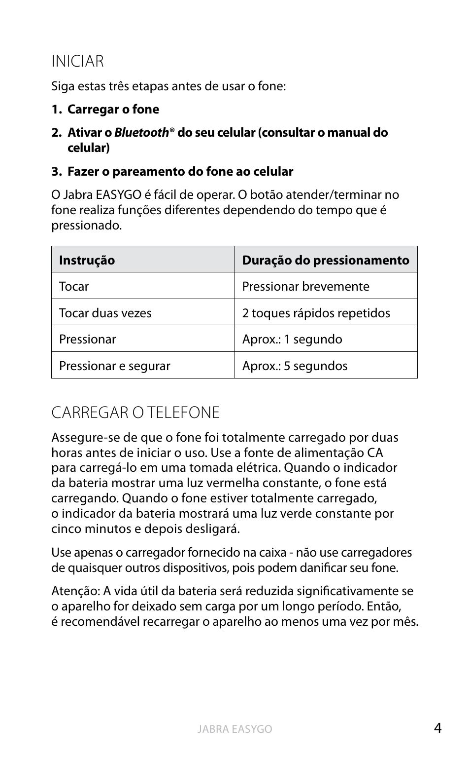 Iniciar, Carregar o telefone | Jabra EASYGO User Manual | Page 40 / 48