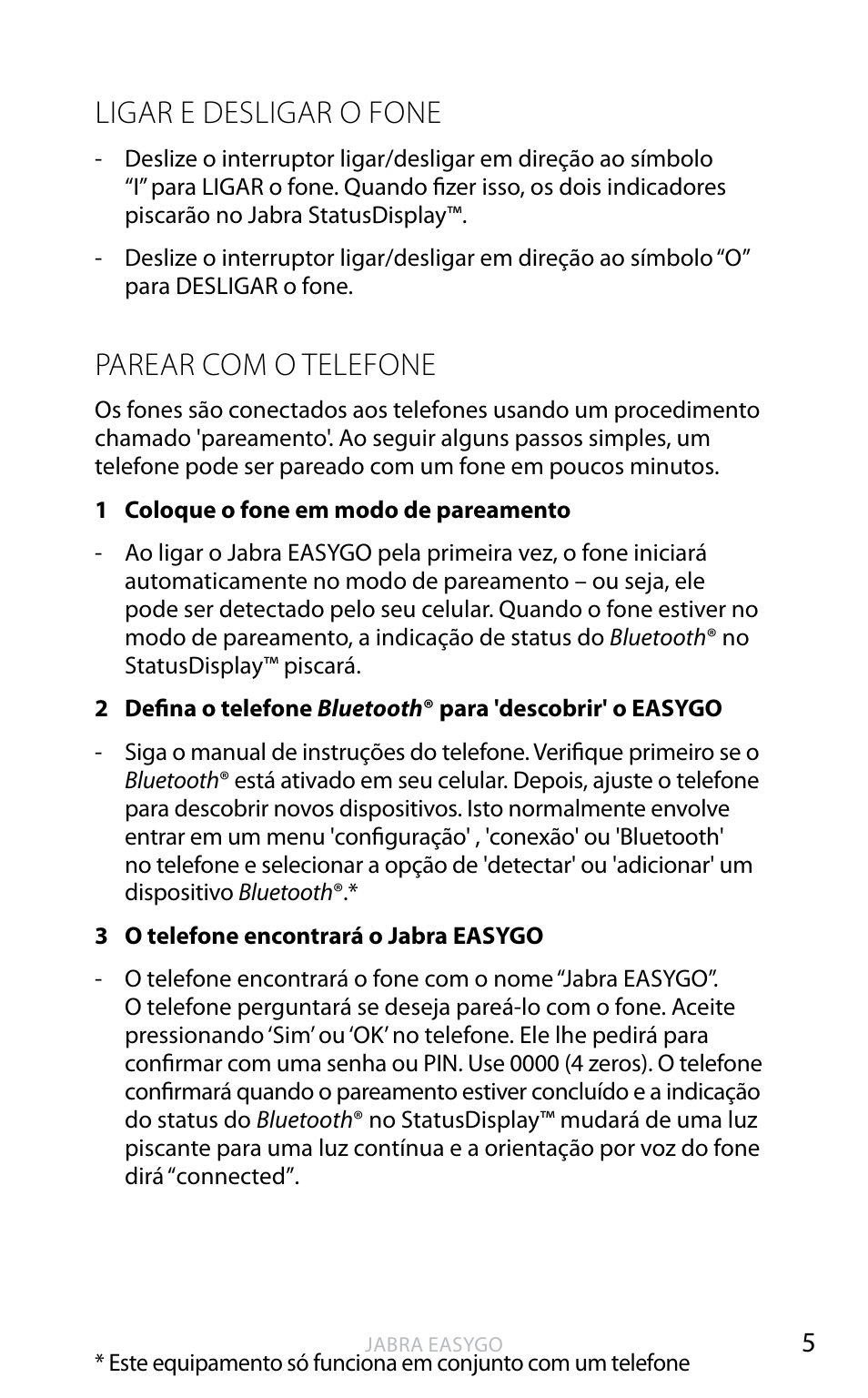 Ligar e desligar o fone, Parear com o telefone | Jabra EASYGO User Manual | Page 41 / 48