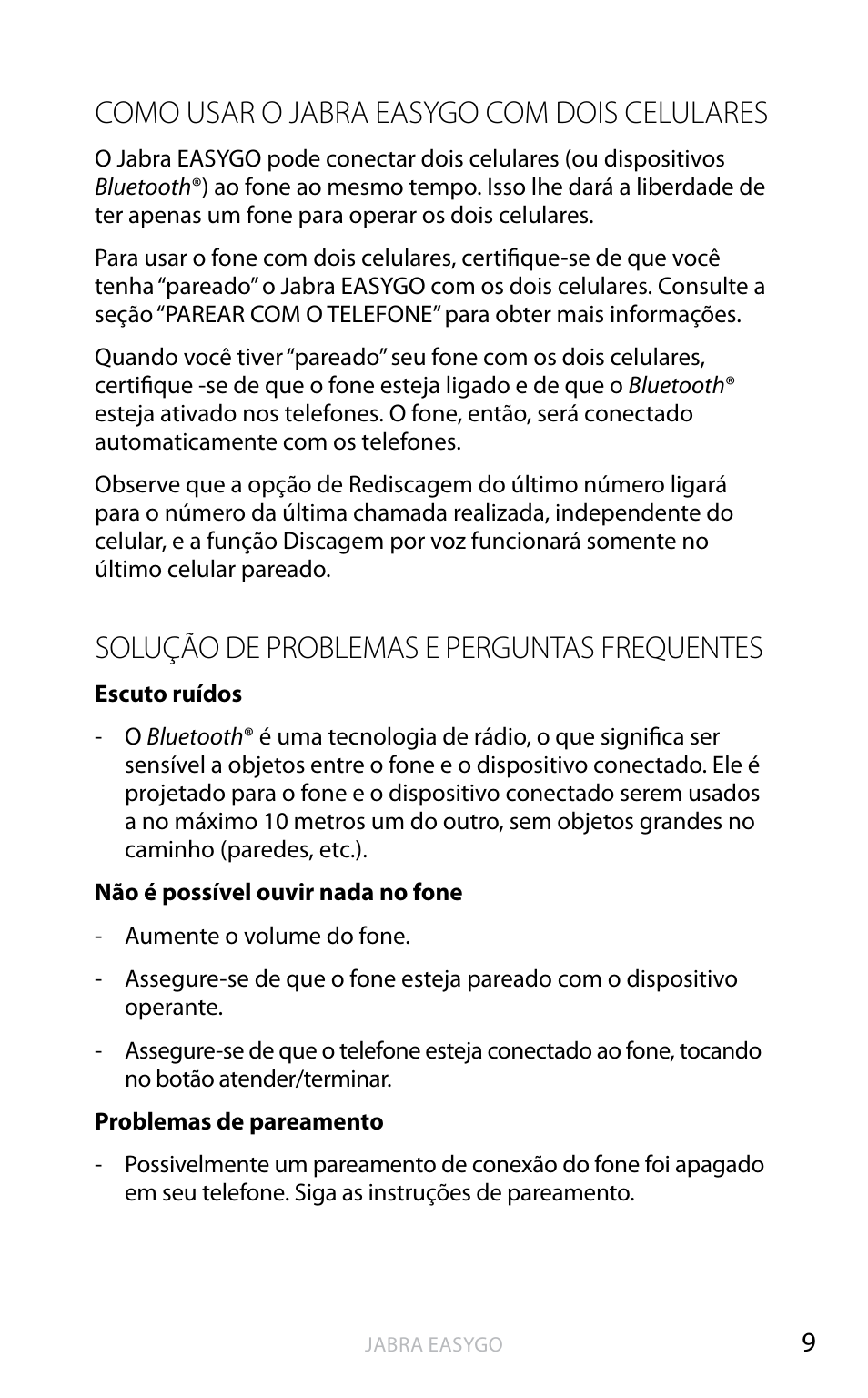 Como usar o jabra easygo com dois celulares, Solução de problemas e perguntas frequentes | Jabra EASYGO User Manual | Page 45 / 48