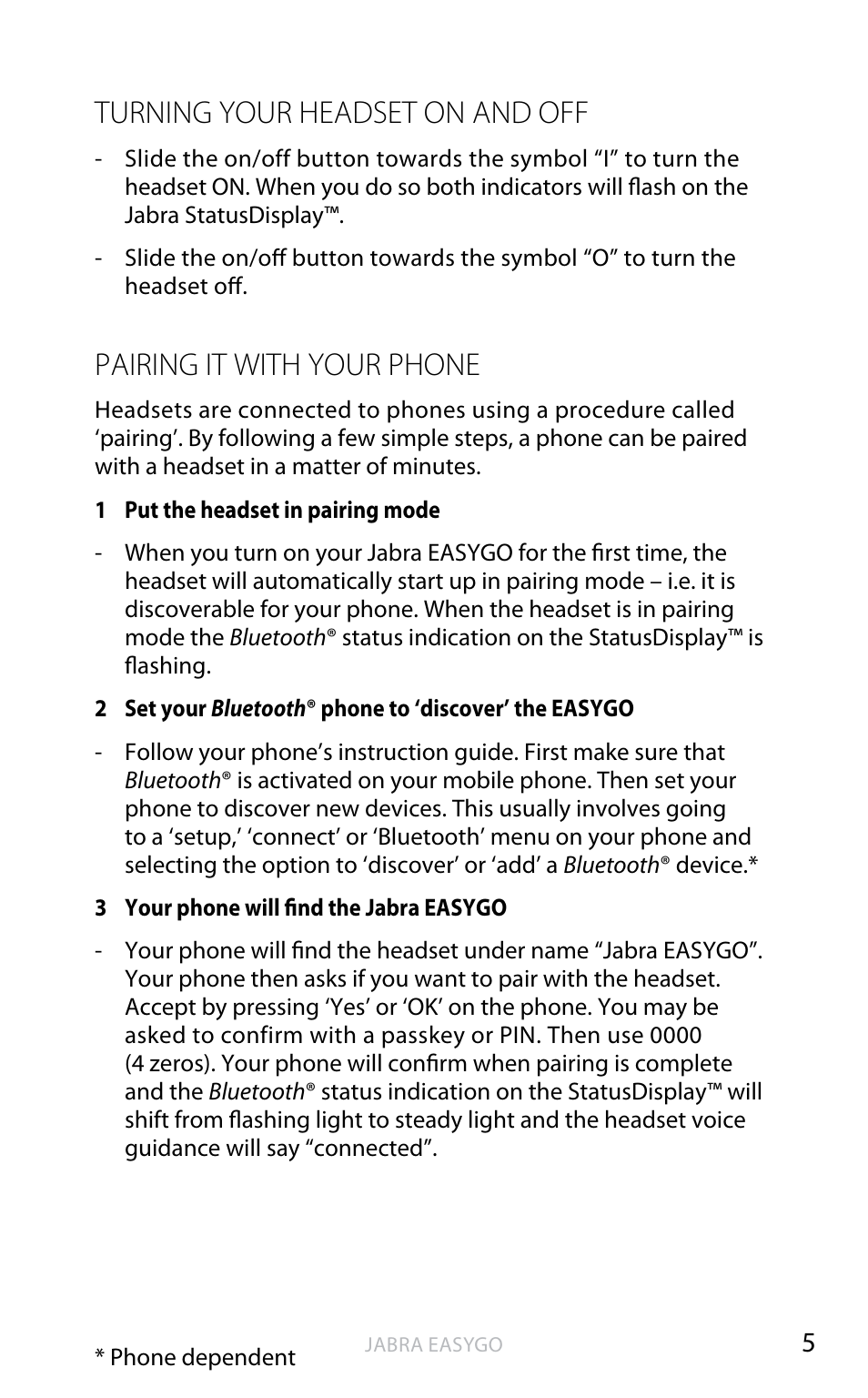 Turning your headset on and off, Pairing it with your phone, En g li sh | Jabra EASYGO User Manual | Page 7 / 48