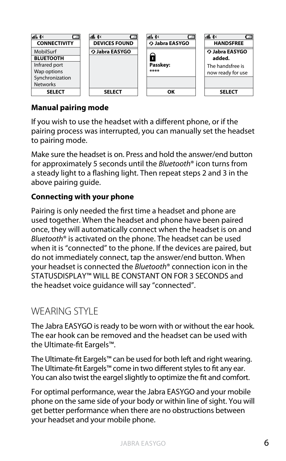 Wearing style, En g li sh | Jabra EASYGO User Manual | Page 8 / 48