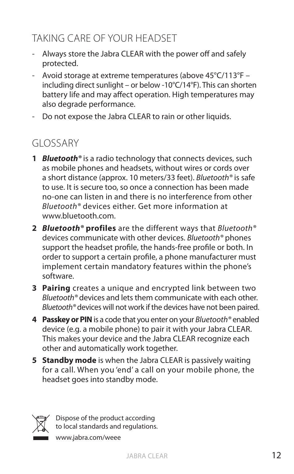 English, Taking care of your headset, Glossary | Jabra CLEAR User Manual | Page 13 / 14