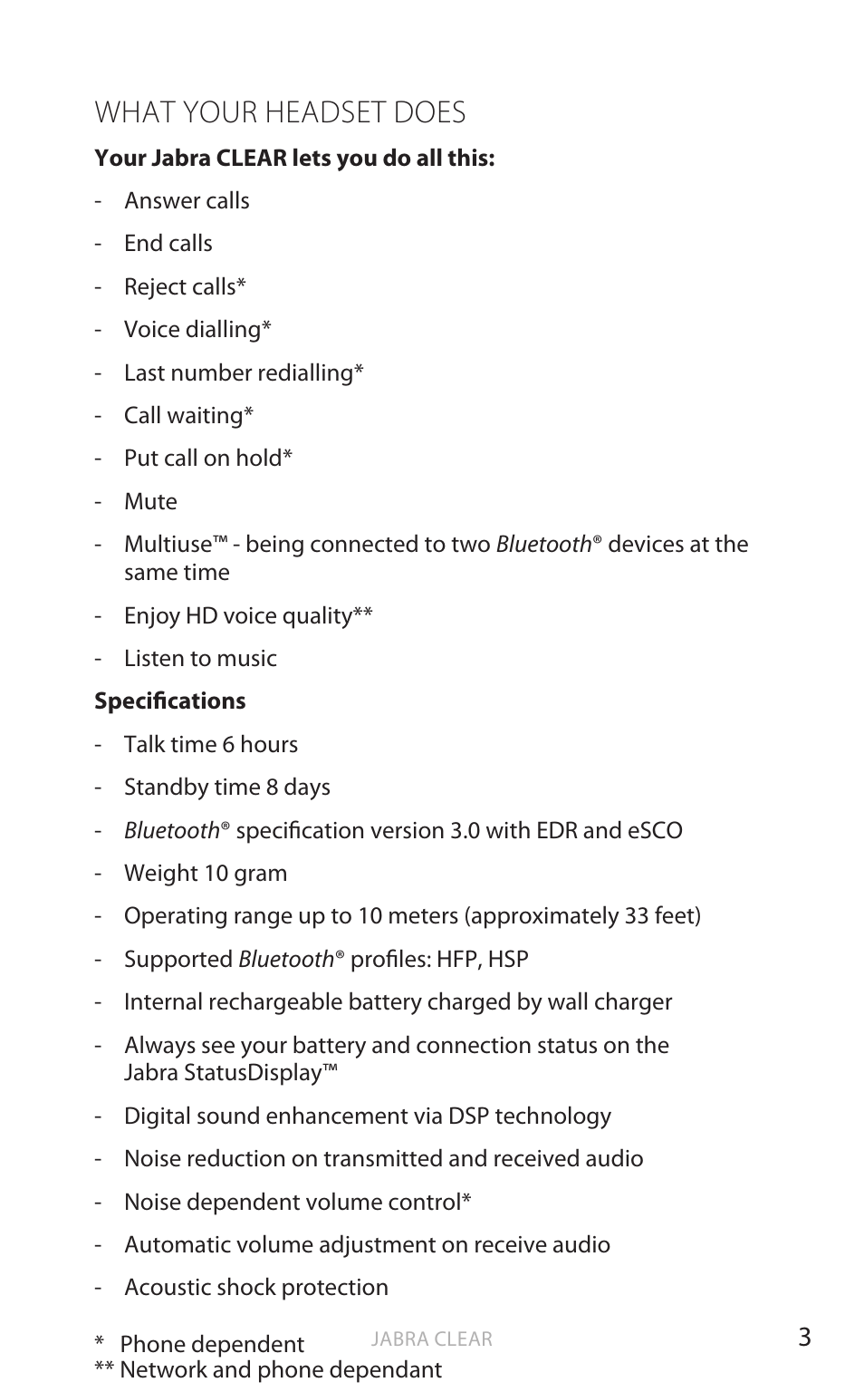 English, What your headset does | Jabra CLEAR User Manual | Page 4 / 14