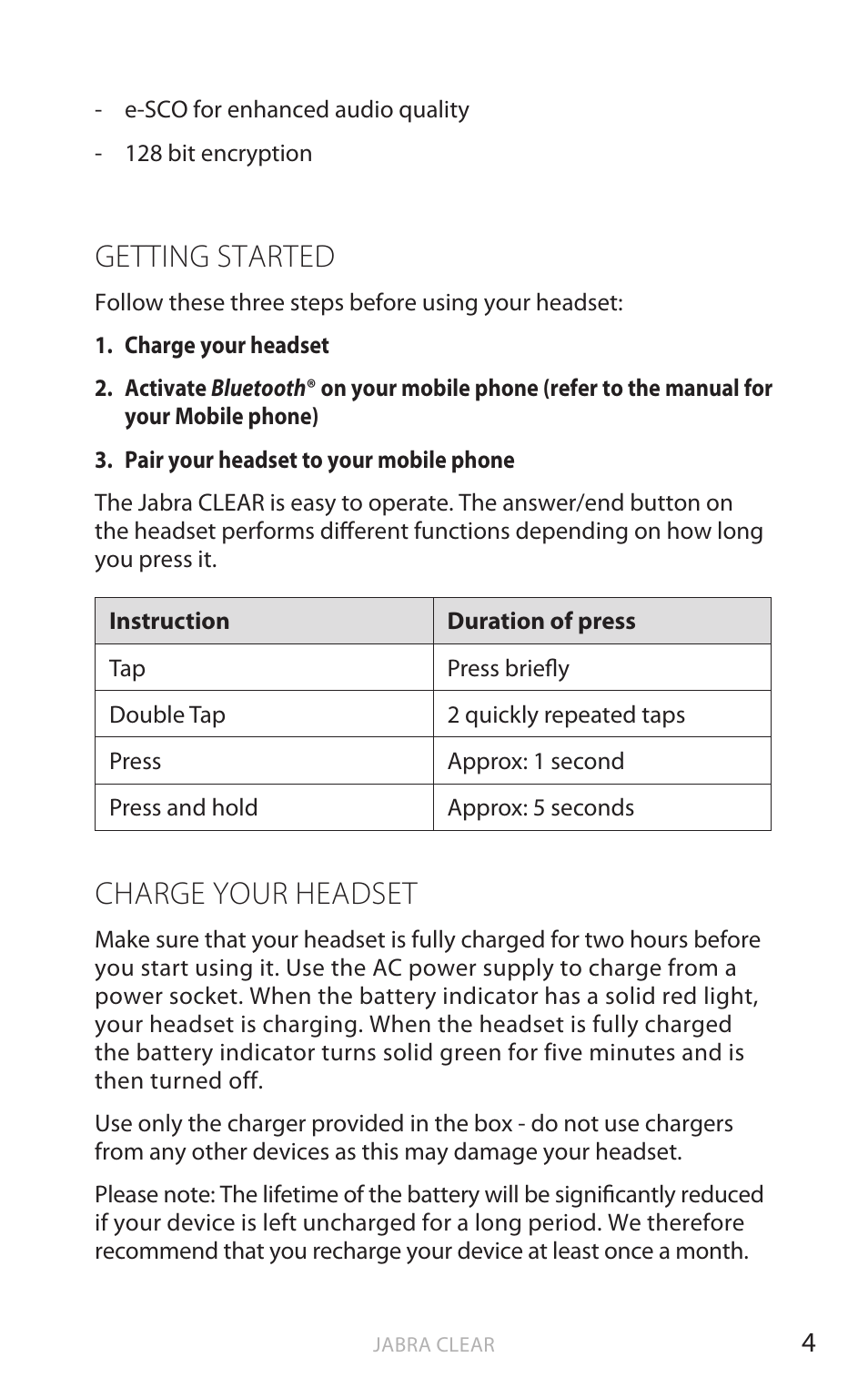 English, Getting started, Charge your headset | Jabra CLEAR User Manual | Page 5 / 14