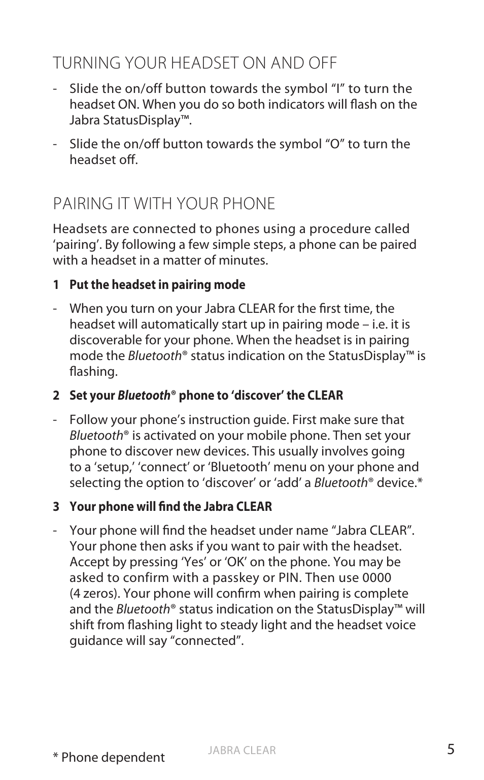 English, Turning your headset on and off, Pairing it with your phone | Jabra CLEAR User Manual | Page 6 / 14