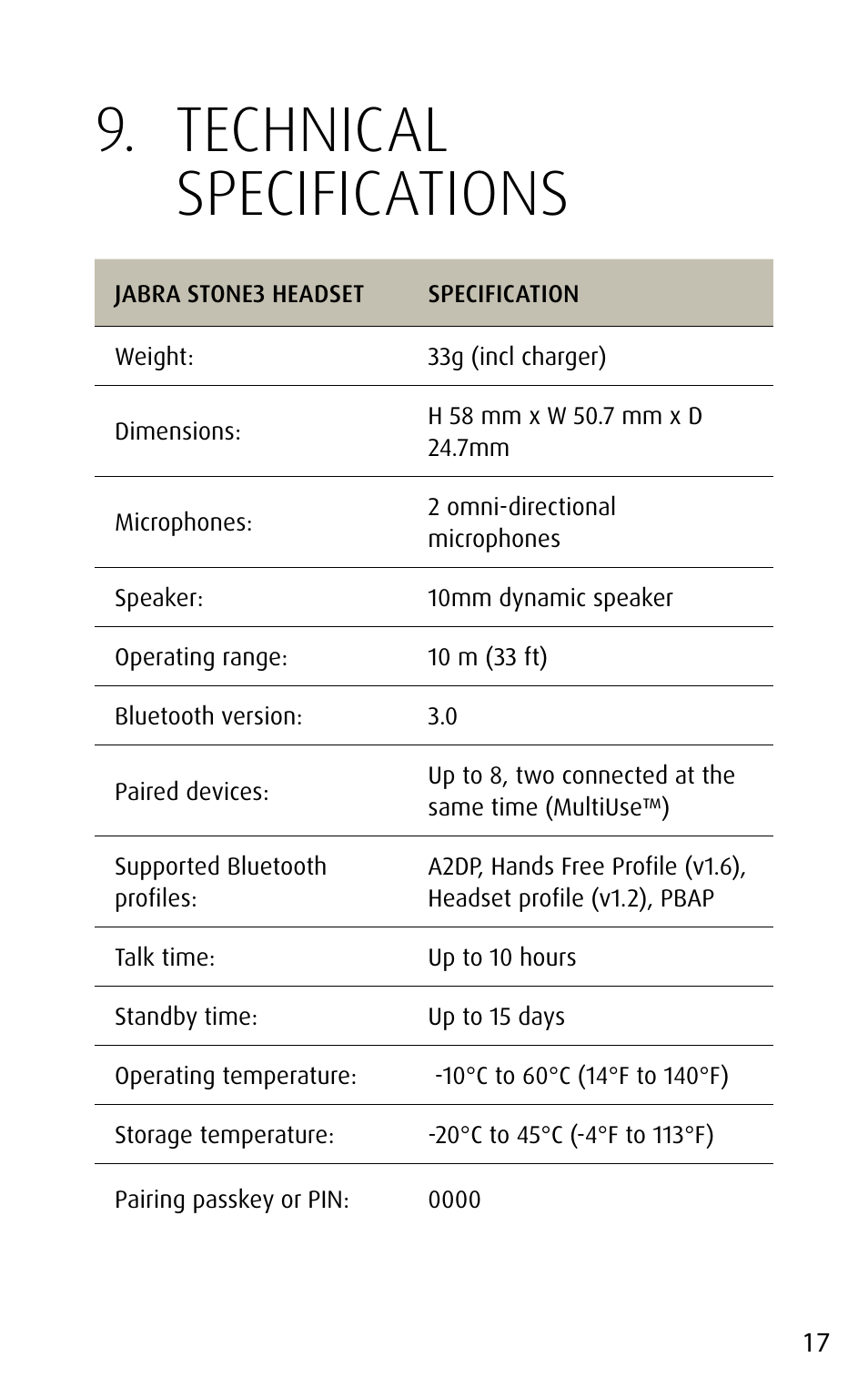 Technical specifications | Jabra STONE3 User Manual | Page 17 / 18