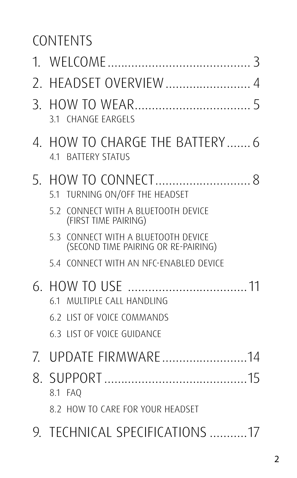 How to charge the battery, How to connect, How to use | Update firmware 8. support, Technical specifications | Jabra STONE3 User Manual | Page 2 / 18