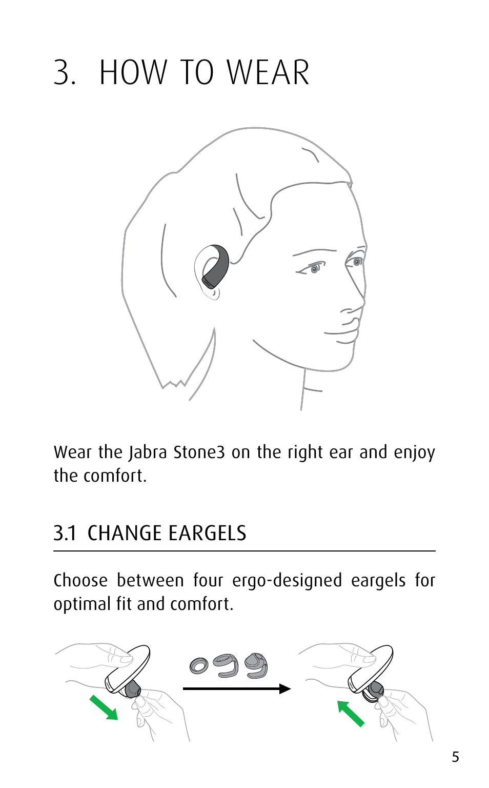 How to wear, 1 change eargels | Jabra STONE3 User Manual | Page 5 / 18