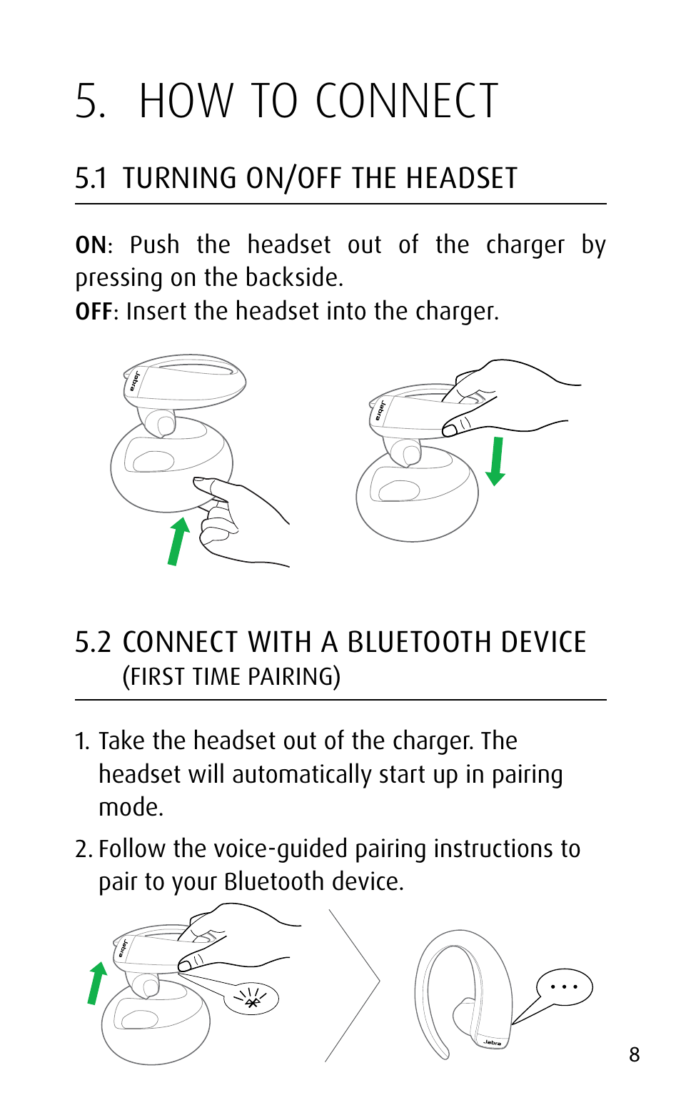 How to connect, 1 turning on/off the headset, First time pairing) | Jabra STONE3 User Manual | Page 8 / 18
