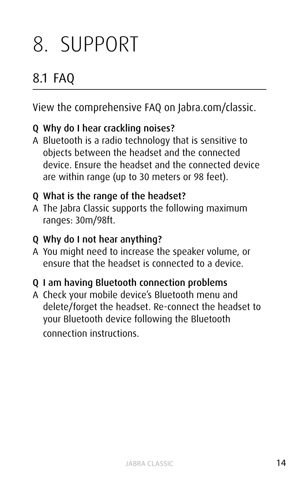 Support, 1 faq, English | Jabra Сlassic User Manual | Page 14 / 17