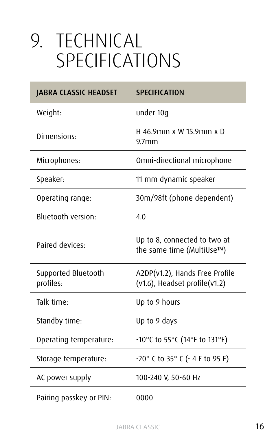 Technical specifications, English | Jabra Сlassic User Manual | Page 16 / 17