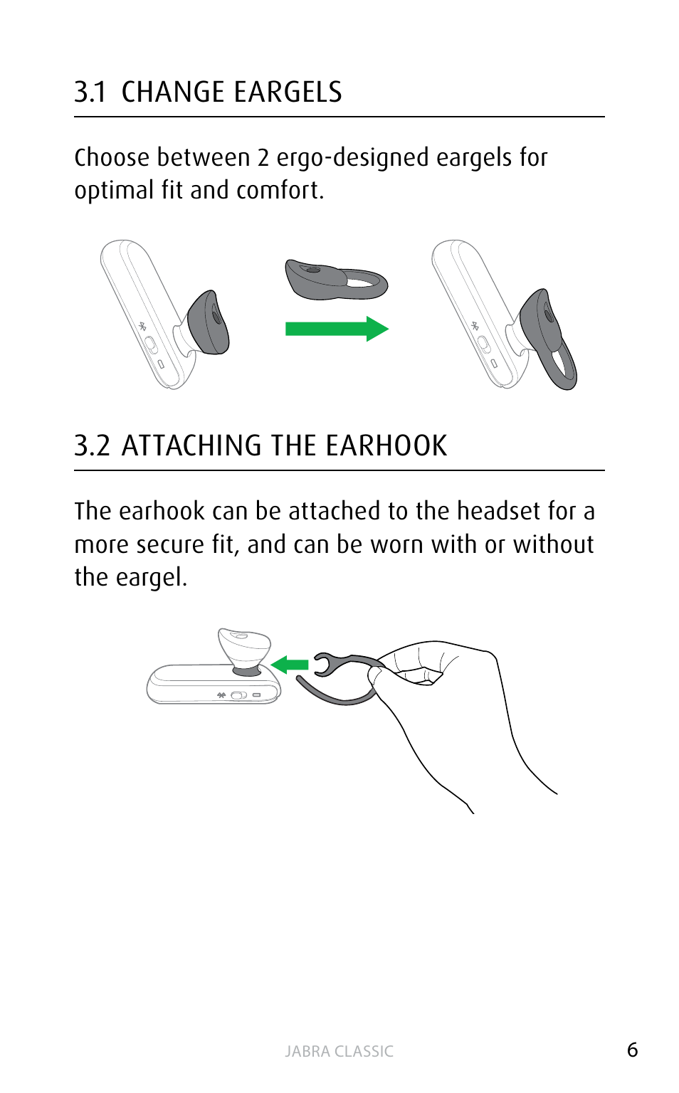 1 change eargels, 2 attaching the earhook | Jabra Сlassic User Manual | Page 6 / 17