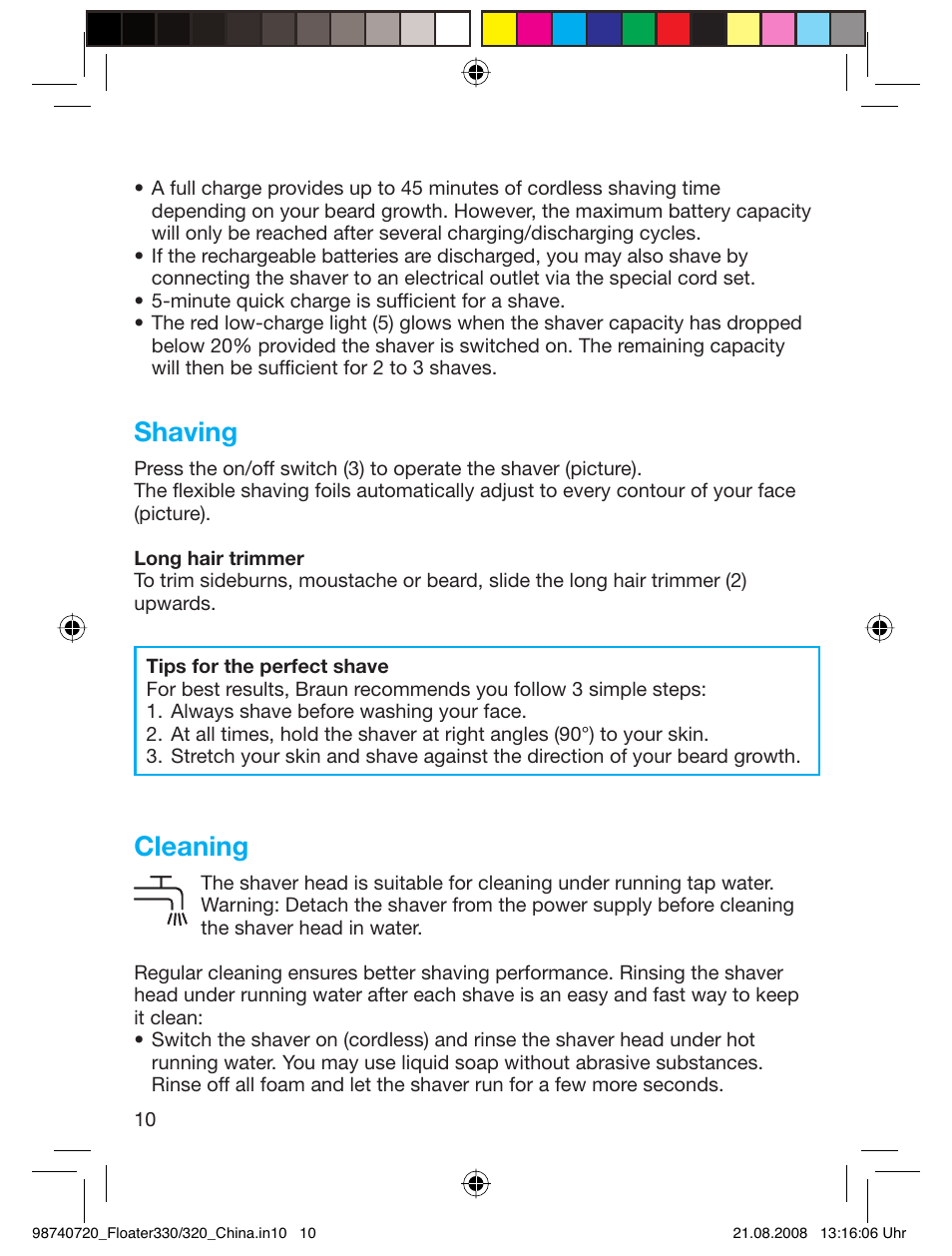 Shaving, Cleaning | Braun 330 User Manual | Page 10 / 11