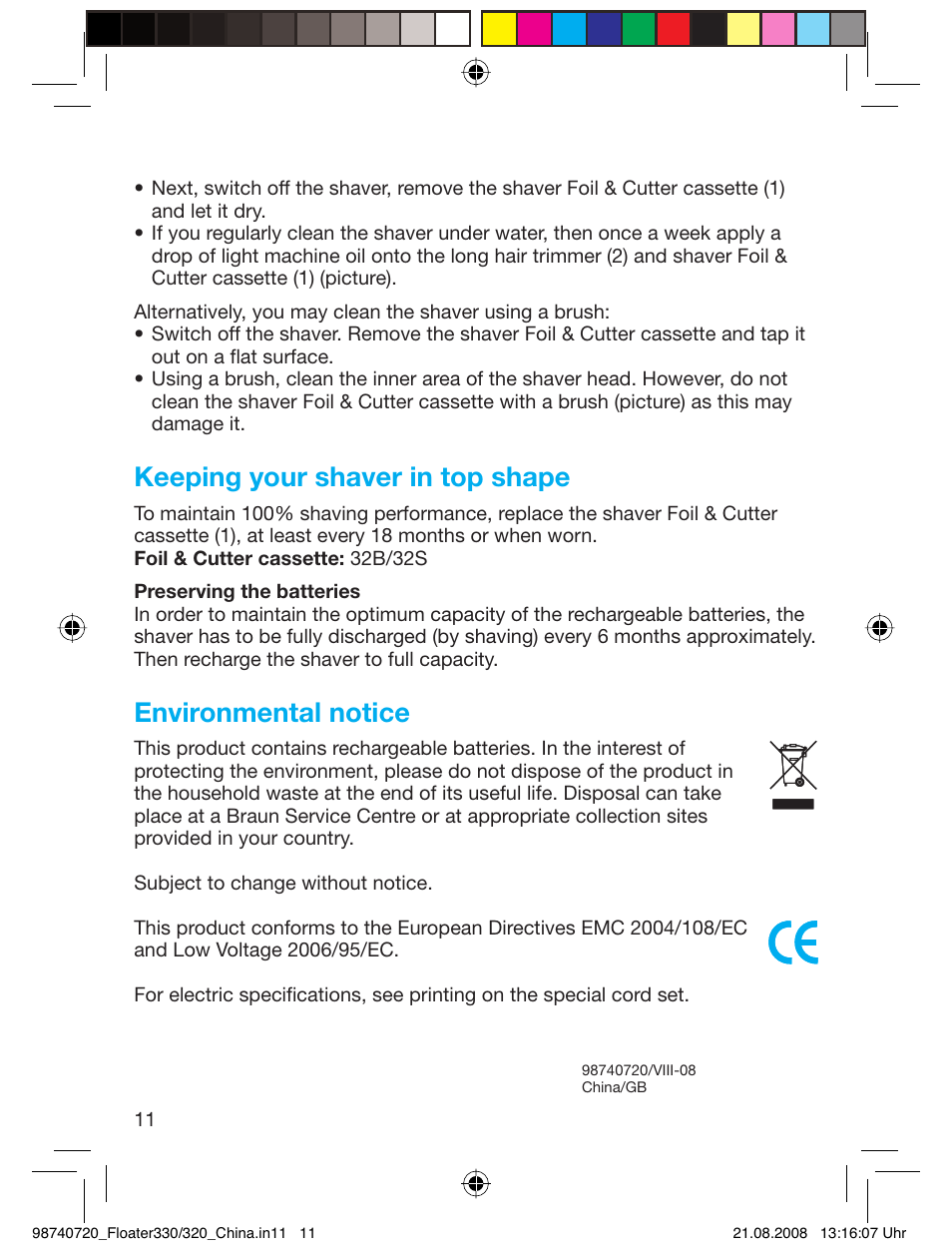 Keeping your shaver in top shape, Environmental notice | Braun 330 User Manual | Page 11 / 11