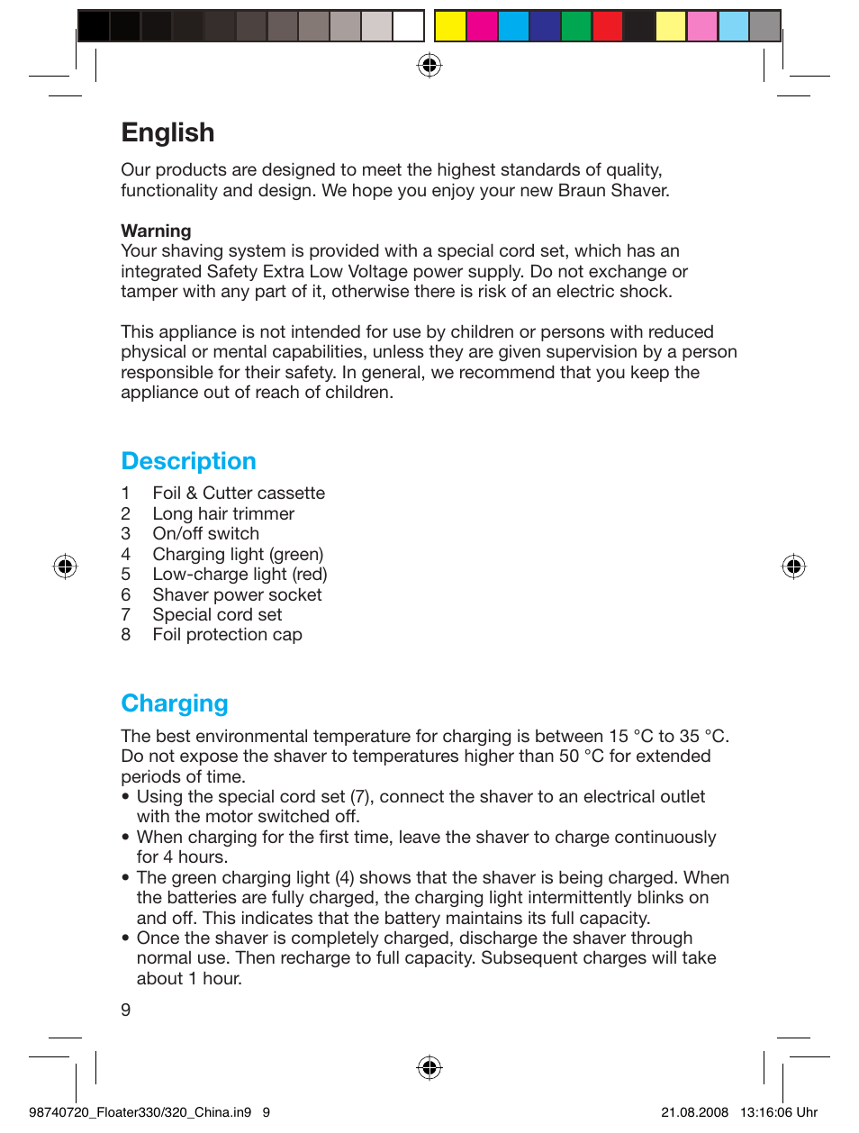 English, Description, Charging | Braun 330 User Manual | Page 9 / 11