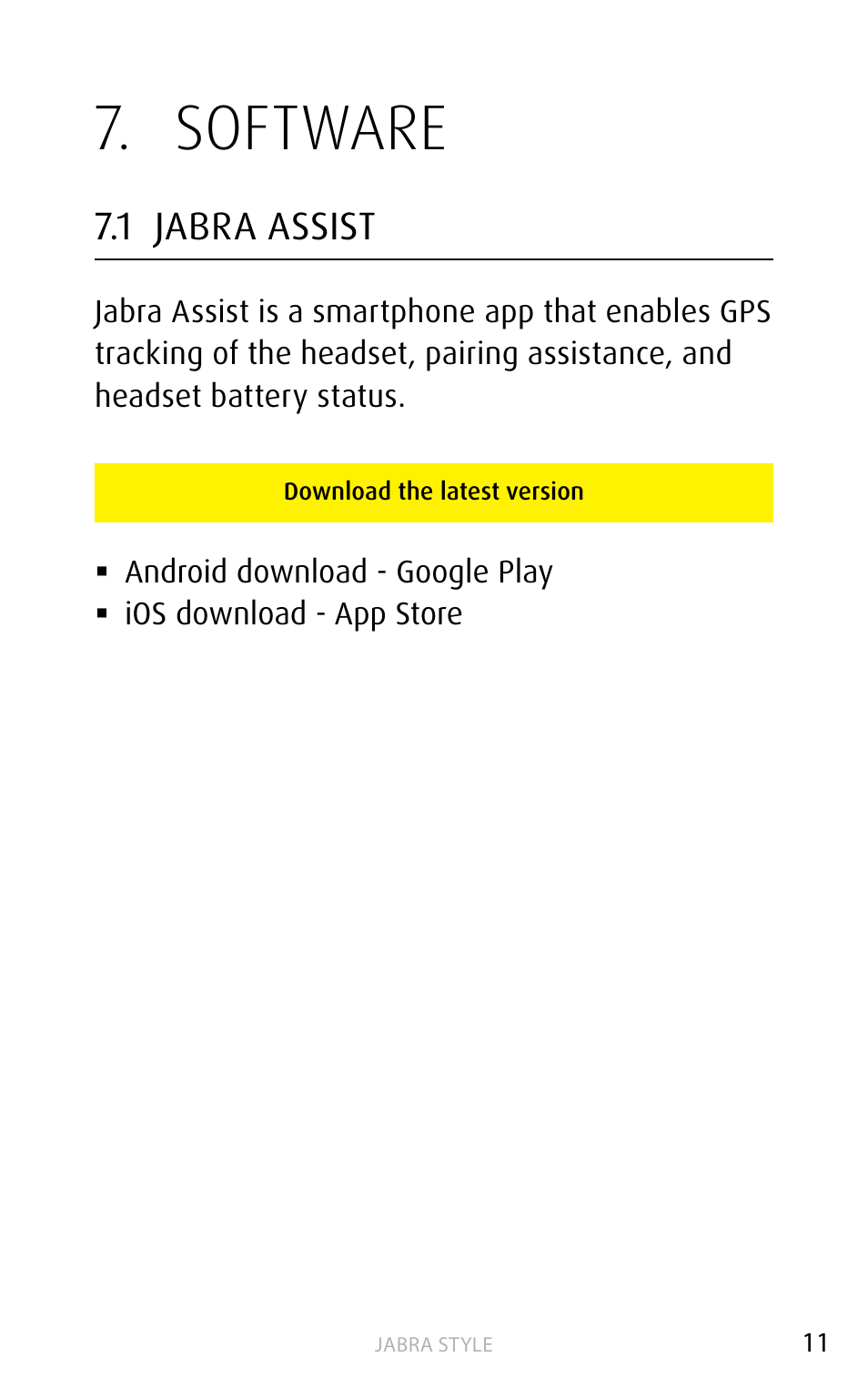 Software, 1 jabra assist | Jabra STYLE User Manual | Page 11 / 15