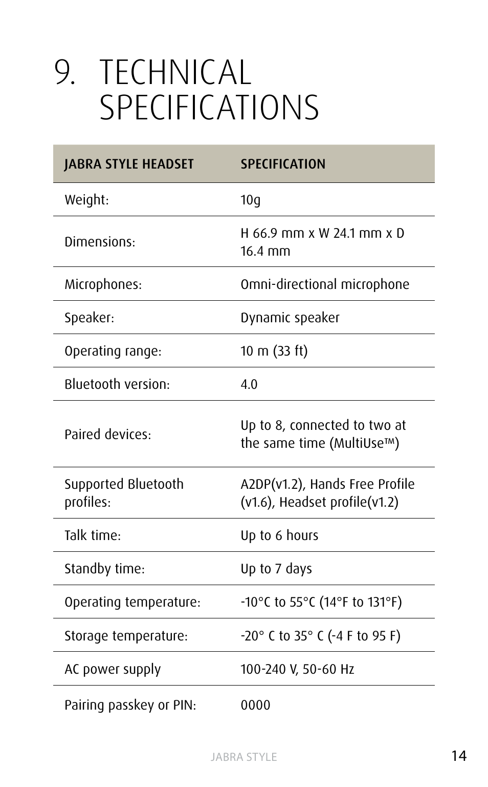 Technical specifications, English | Jabra STYLE User Manual | Page 14 / 15