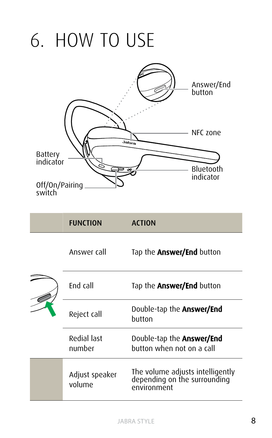 How to use, English | Jabra STYLE User Manual | Page 8 / 15