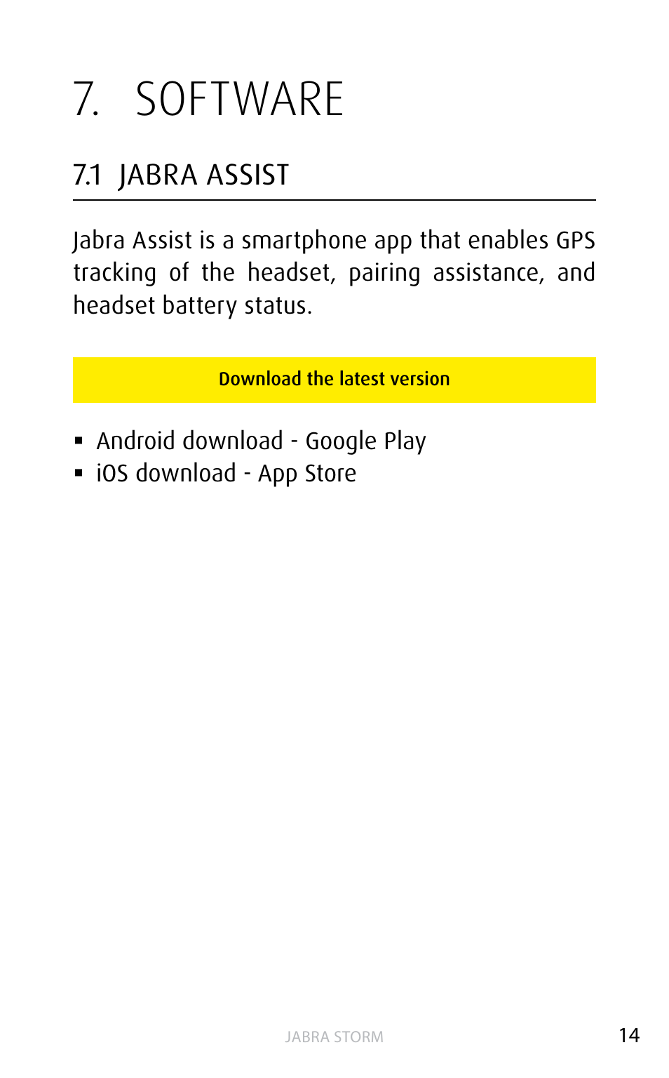 Software, 1 jabra assist | Jabra STORM User Manual | Page 14 / 17