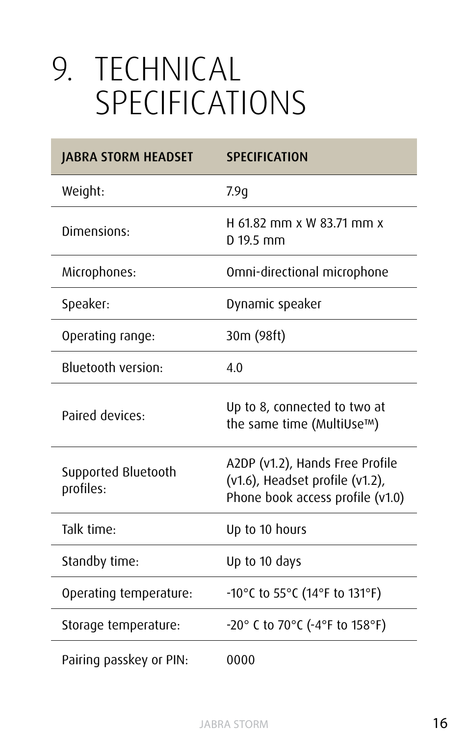 Technical specifications, English | Jabra STORM User Manual | Page 16 / 17