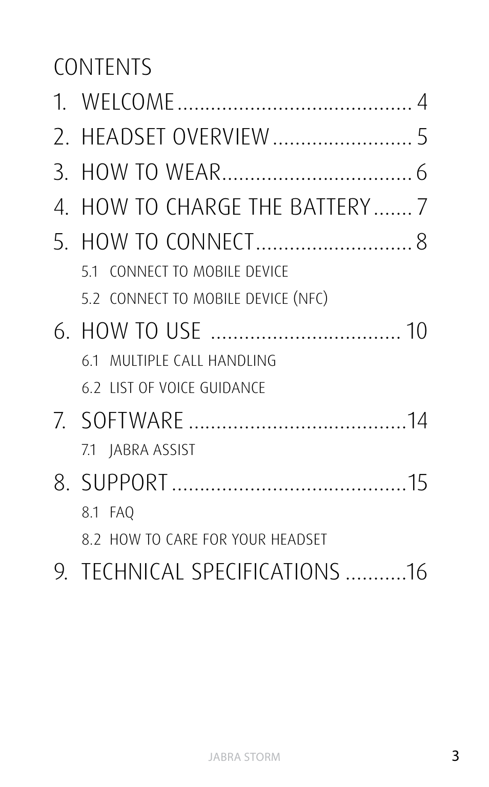 How to use, Software, Support | Technical specifications | Jabra STORM User Manual | Page 3 / 17