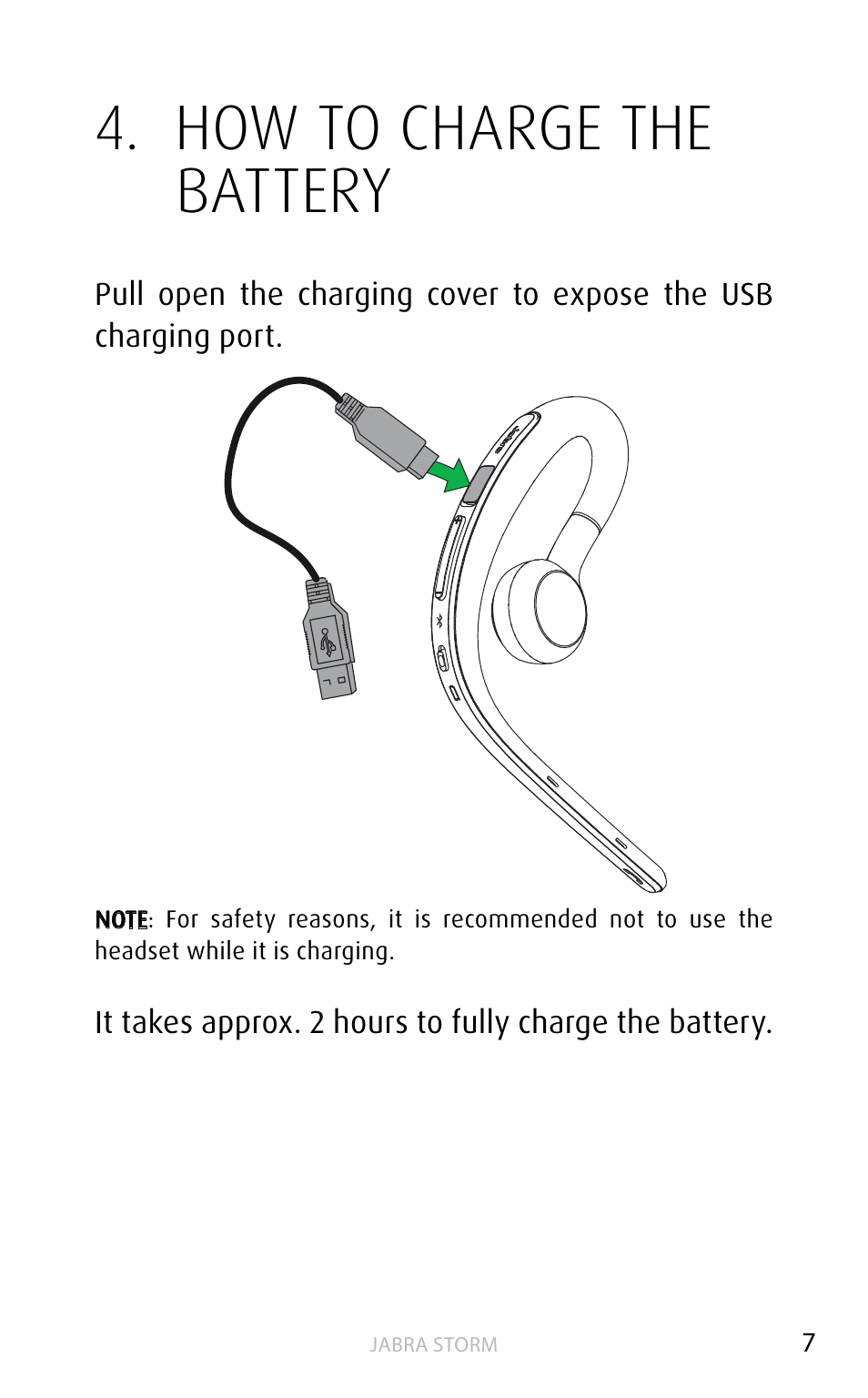 How to charge the battery | Jabra STORM User Manual | Page 7 / 17