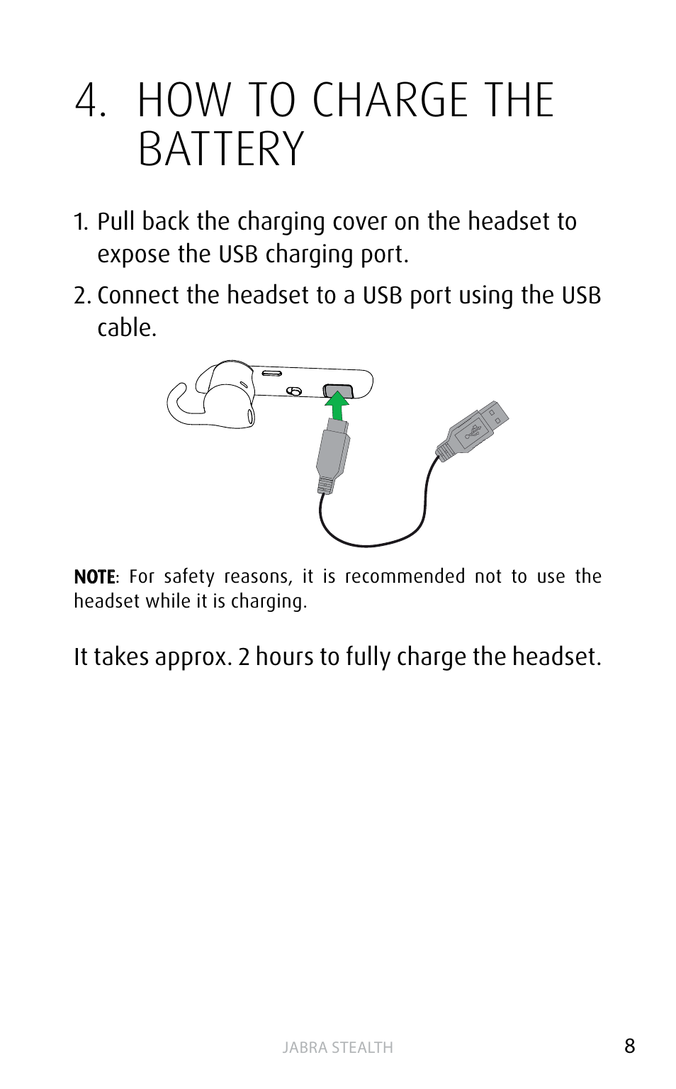 How to charge the battery | Jabra STEALTH User Manual | Page 8 / 18